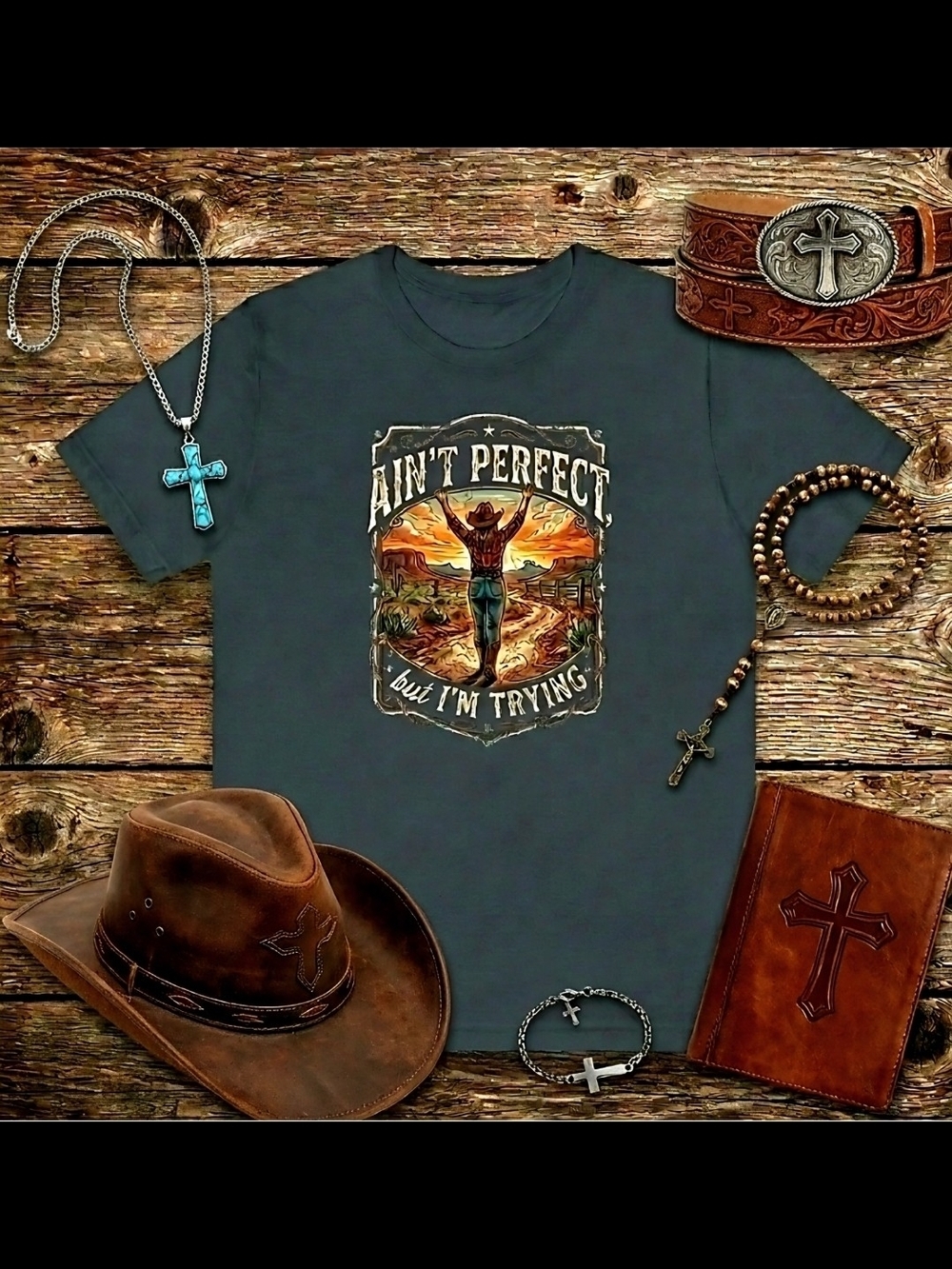 Hands Up Ain’t Perfect But I’m Trying Tee • Cowgirl Gospel Shirt • Country Music